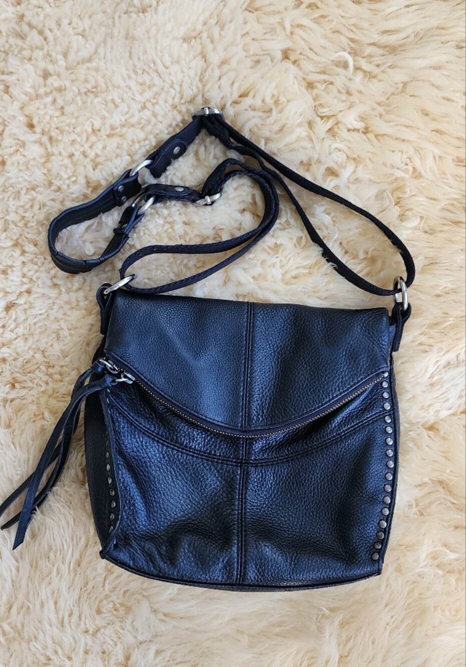 Fossil Black Pebbled Leather Crossbody with Stud Trim